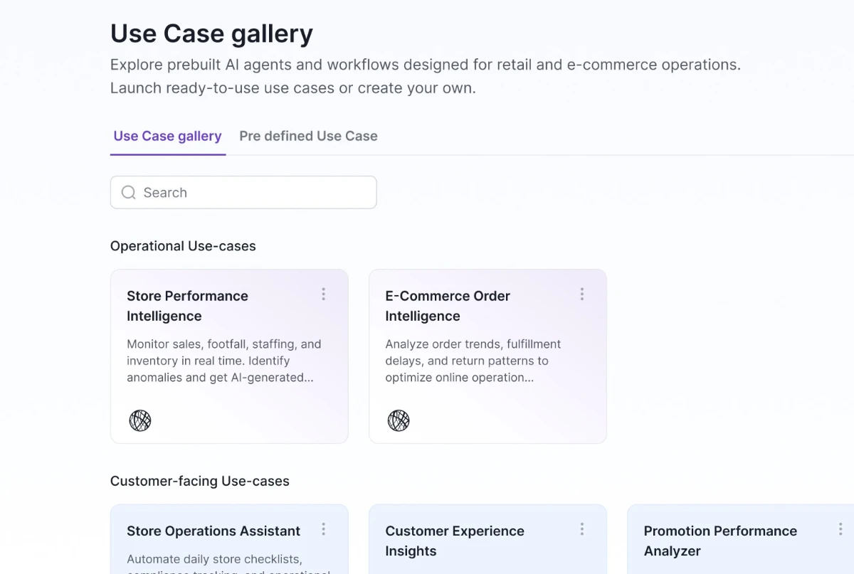 Use case gallery of prebuilt AI agents and workflows for retail and e-commerce operations